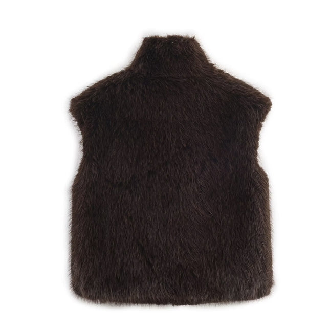 High-Neck Brown Faux-Fur Zip Vest