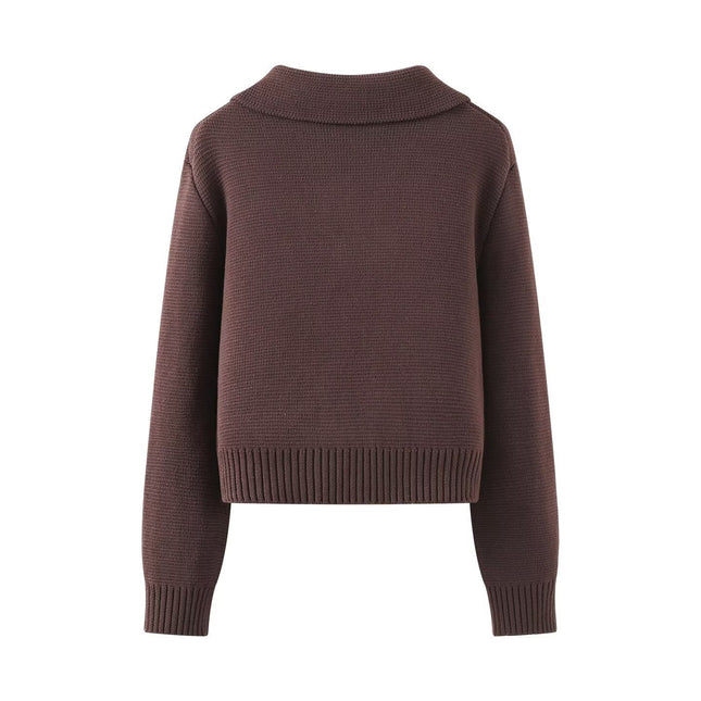 Brown Double-Breasted Knit Cardigan
