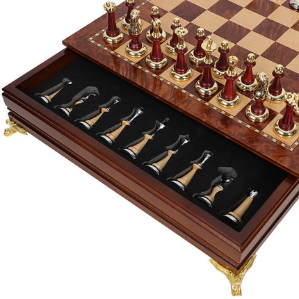 Luxury Metal & Solid Wood Chess Set | Large 40cm Tabletop Chessboard with Storage