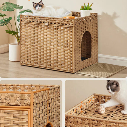 Boho Handwoven Rattan Hidden Litter Box Furniture | Washable Tray & Litter Mat Included