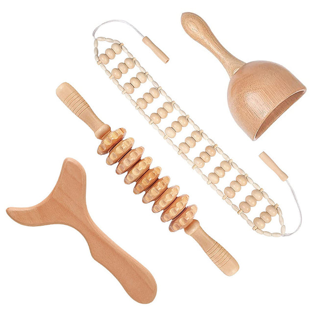 Beech Wood Therapy Massage Set | Gua Sha Scraping Cup & Meridian Roller