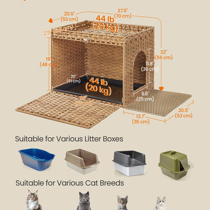 Boho Handwoven Rattan Hidden Litter Box Furniture | Washable Tray & Litter Mat Included