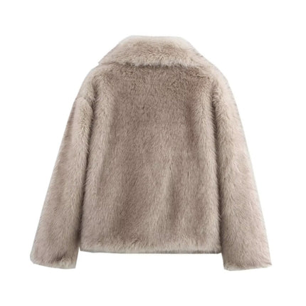 Beige-Taupe Faux-Fur Jacket with Notch Lapels