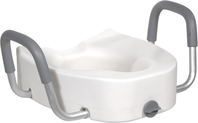 Drive Medical Toilet Seat Riser — Safety Lock Close-Up, Elongated Fit for Standard Toilets