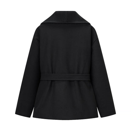 Black Wool-Blend Short Wrap Coat