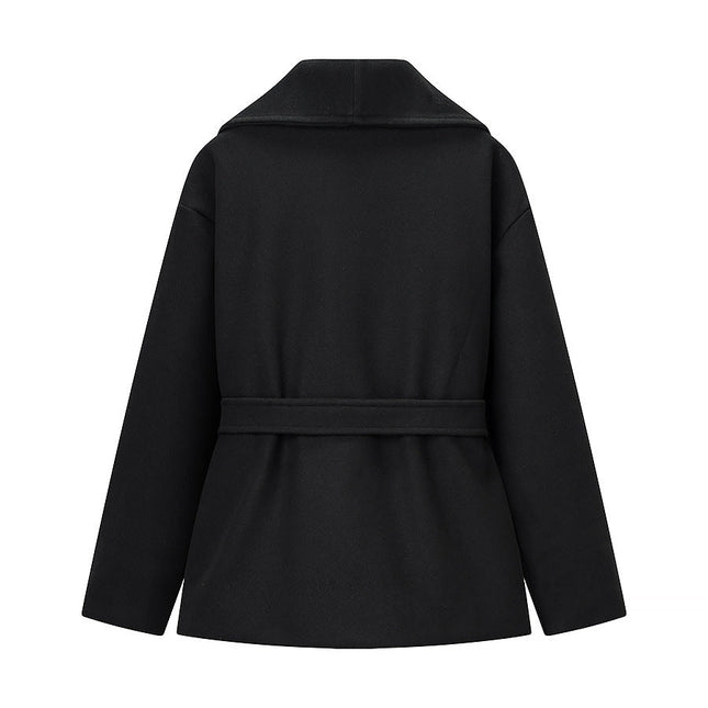 Black Wool-Blend Short Wrap Coat