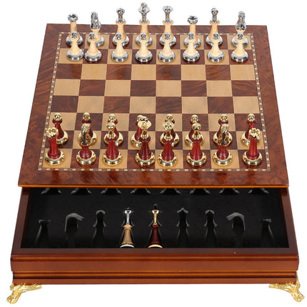 Luxury Metal & Solid Wood Chess Set | Large 40cm Tabletop Chessboard with Storage