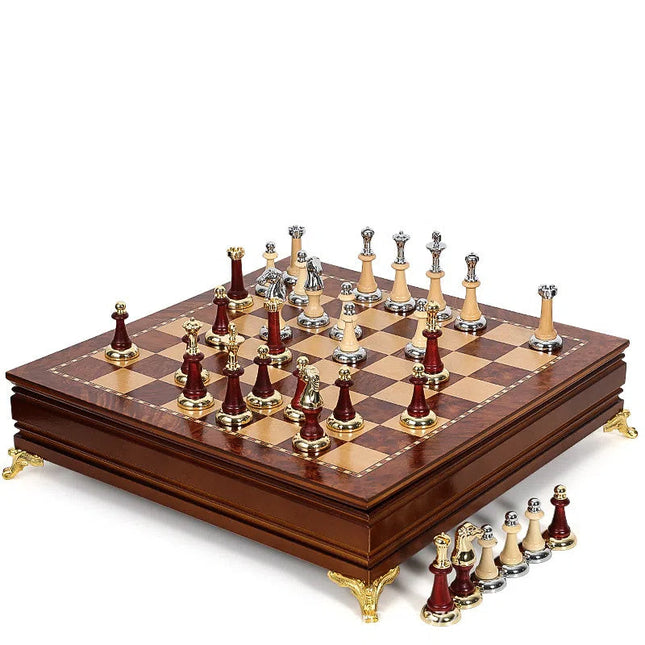Luxury Metal & Solid Wood Chess Set | Large 40cm Tabletop Chessboard with Storage