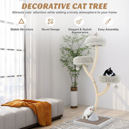 70" Tall Metal Cat Tree Tower with 3 Plush Perches & Sisal Scratching Posts - Marcapon