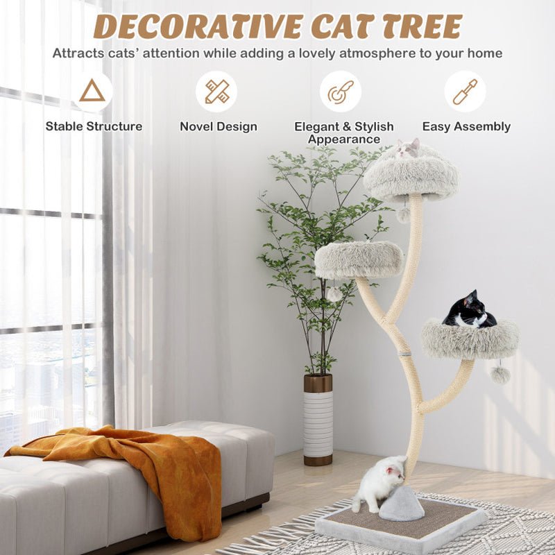 70" Tall Metal Cat Tree Tower with 3 Plush Perches & Sisal Scratching Posts - Marcapon