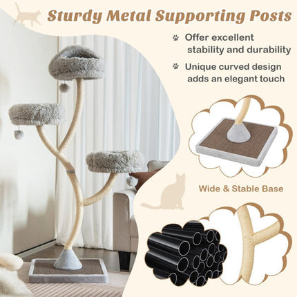 70" Tall Metal Cat Tree Tower with 3 Plush Perches & Sisal Scratching Posts - Marcapon