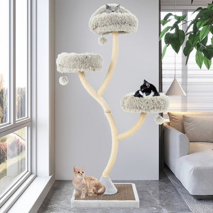 70" Tall Metal Cat Tree Tower with 3 Plush Perches & Sisal Scratching Posts - Marcapon