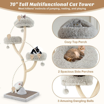 70" Tall Metal Cat Tree Tower with 3 Plush Perches & Sisal Scratching Posts - Marcapon