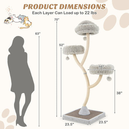 70" Tall Metal Cat Tree Tower with 3 Plush Perches & Sisal Scratching Posts - Marcapon