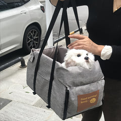 Portable Pet Car Seat – Elevated Dog & Cat Booster Seat, Armrest Carrier, Travel Safety Bag, Washable, Mesh Visibility Panel – Grey/Khaki, Small & Large