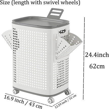 WESAPPINC Rolling Laundry Hamper with Lid, 70L Perforated Plastic Basket with Wheels, Storage Bin with Handle, White (LARGE 70L)
