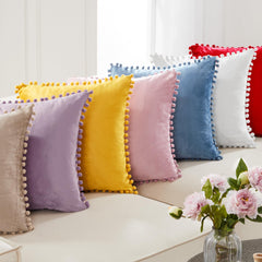 Red Velvet Cushion Covers with Pom-Poms, 2 PCS