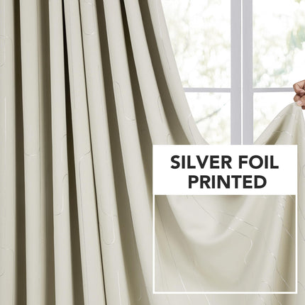 Room Darkening Curtains with Line Foil Print, Navy Blue, 2 Panels