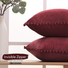 Velvet Throw Pillow Covers with Pom-Poms, 26x26 Inch