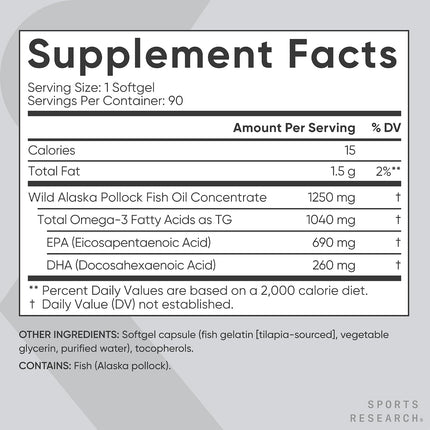Sports Research® Omega-3 Fish Oil 1250mg from Wild Alaska Pollock, 90 Count