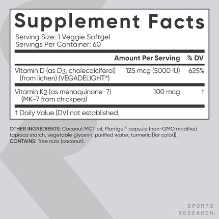 Sports Research® Vegan Vitamin D3 + K2 w/Coconut Oil, 60 Count Plantgels™