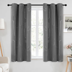 Room Darkening Curtains with Line Foil Print, Navy Blue, 2 Panels