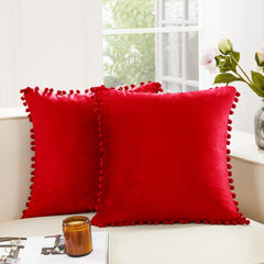 Red Velvet Cushion Covers with Pom-Poms, 2 PCS