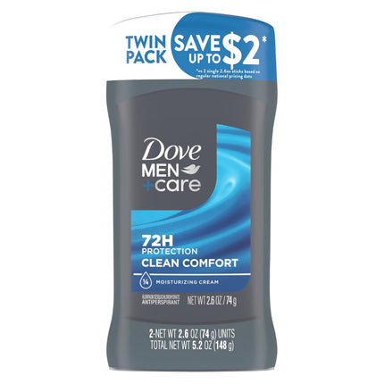 DOVE MEN + CARE Antiperspirant Deodorant Stick Clean Comfort Twin Pack 72-Hour Sweat & Odor Protection Antiperspirant for Men With 1/4 Moisturizing Cream 2.7 oz
