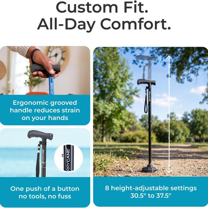 HurryCane Freedom Edition Folding Cane — T Handle, Black