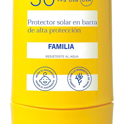 Mustela SPF 50 sun stick with cap removed on a yellow background, surrounded by Spanish family sun-care text