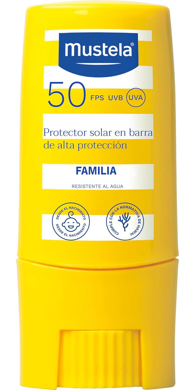 Mustela SPF 50 sun stick with cap removed on a yellow background, surrounded by Spanish family sun-care text