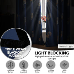 Room Darkening Curtains with Line Foil Print, Navy Blue, 2 Panels