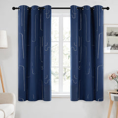 Room Darkening Curtains with Line Foil Print, Navy Blue, 2 Panels