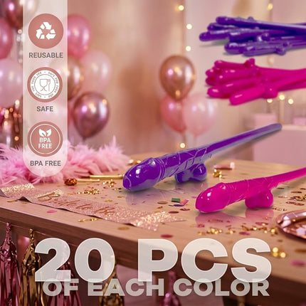 Bachelorette party penis straws in pink and purple, shown on a decorated party table with a 20-piece pack label