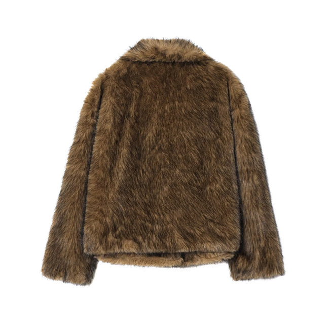 Brown Faux-Fur Short Coat with Wide Lapels