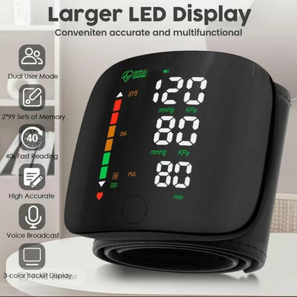 PulseTrack Wrist Monitor | Rechargeable Blood Pressure Monitor with LED Touch Screen