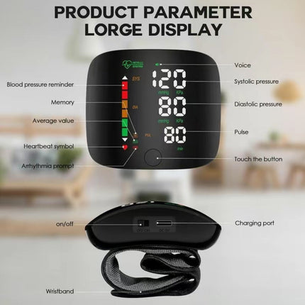PulseTrack Wrist Monitor | Rechargeable Blood Pressure Monitor with LED Touch Screen