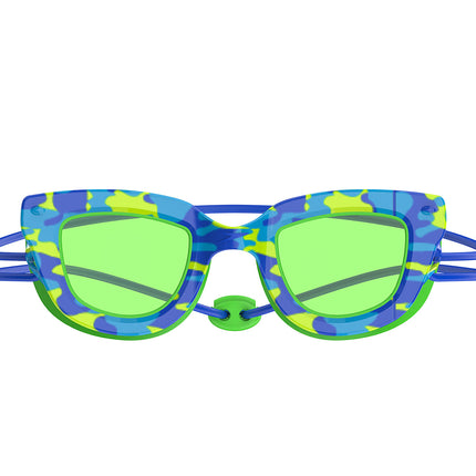 Colorful swim goggles with blue and green design on a white background