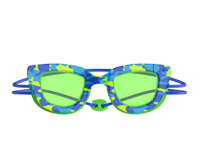 Colorful swim goggles with blue and green design on a white background