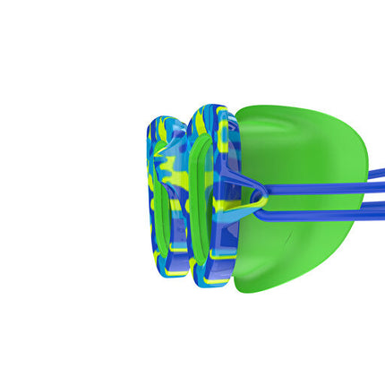 Green resistance band with blue and yellow handles on a white background