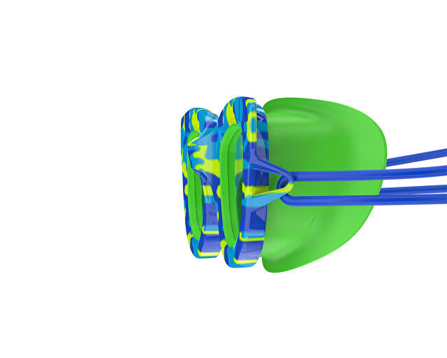 Green resistance band with blue and yellow handles on a white background