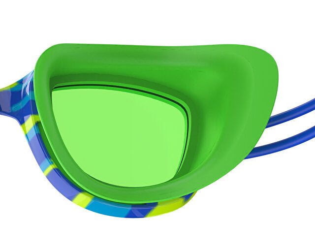 Colorful swim goggles with a green lens on a white background