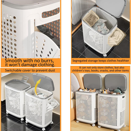 WESAPPINC Rolling Laundry Hamper with Lid, 70L Perforated Plastic Basket with Wheels, Storage Bin with Handle, White (LARGE 70L)