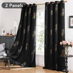 Room Darkening Curtains with Line Foil Print, Navy Blue, 2 Panels