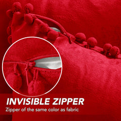 Red Velvet Cushion Covers with Pom-Poms, 2 PCS