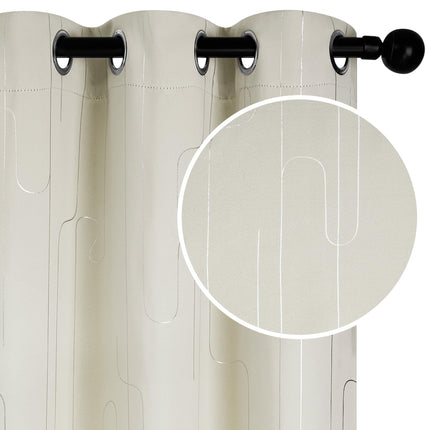Room Darkening Curtains with Line Foil Print, Navy Blue, 2 Panels