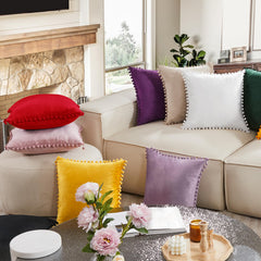 Red Velvet Cushion Covers with Pom-Poms, 2 PCS