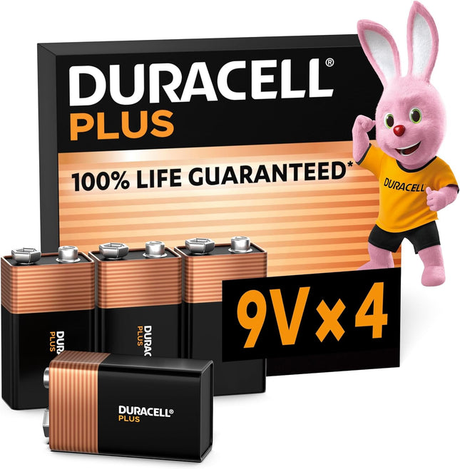 Duracell Plus 9V Block Batteries 6LR61 — Pack of 4