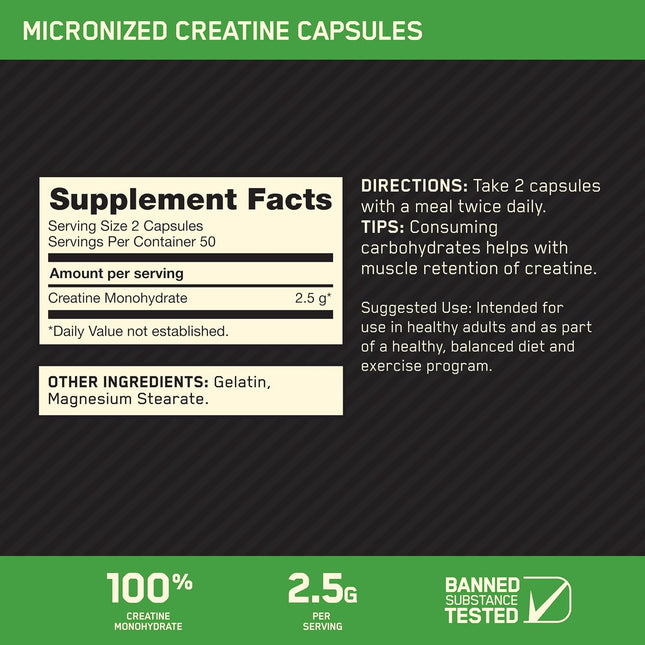 Optimum Nutrition Micronized Creatine Monohydrate Capsules, 100 Ct