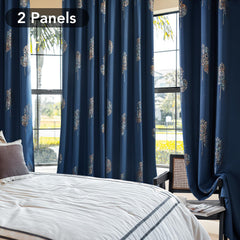 Room Darkening Curtains with Line Foil Print, Navy Blue, 2 Panels
